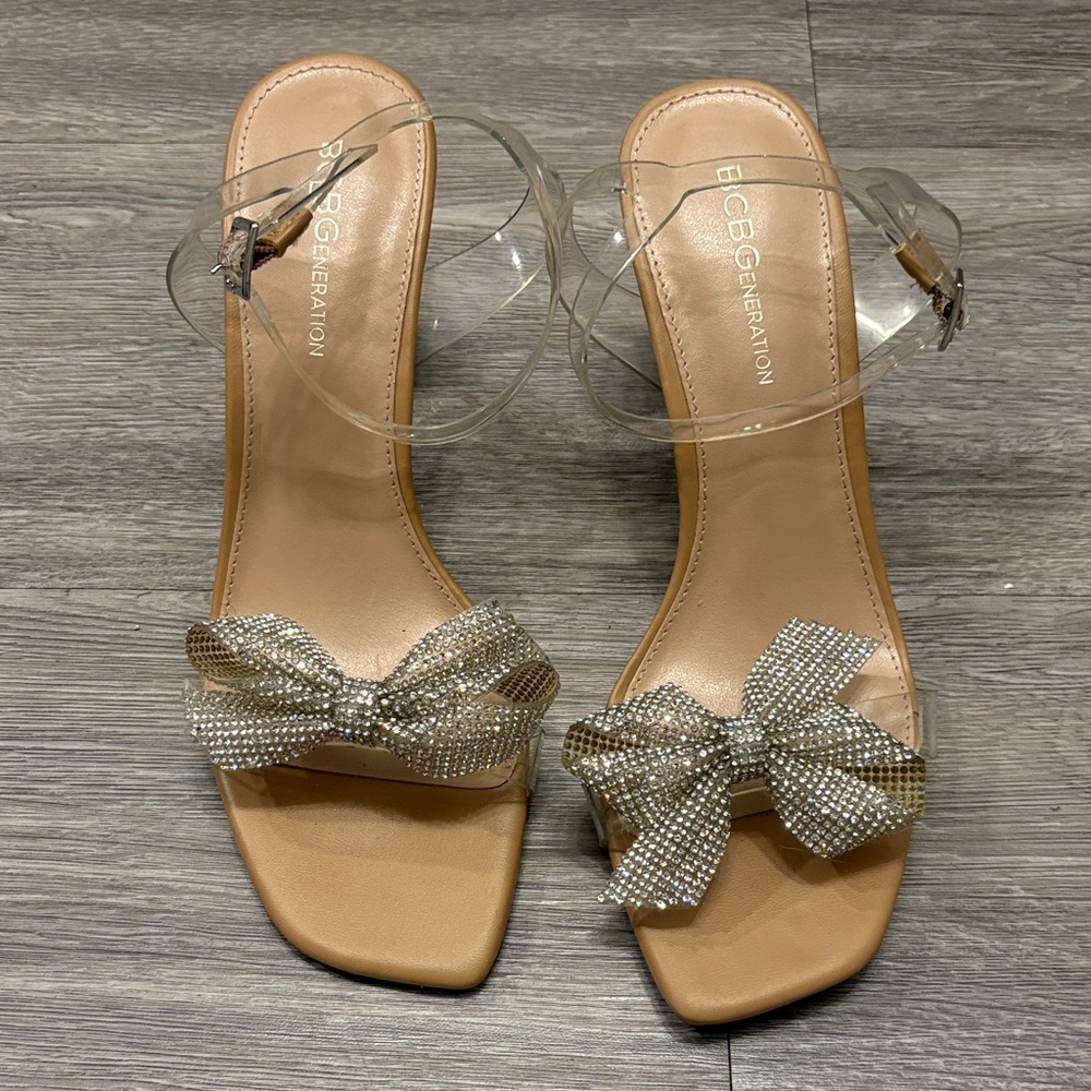 BCBGeneration Tan Heels with Silver Bow Accents